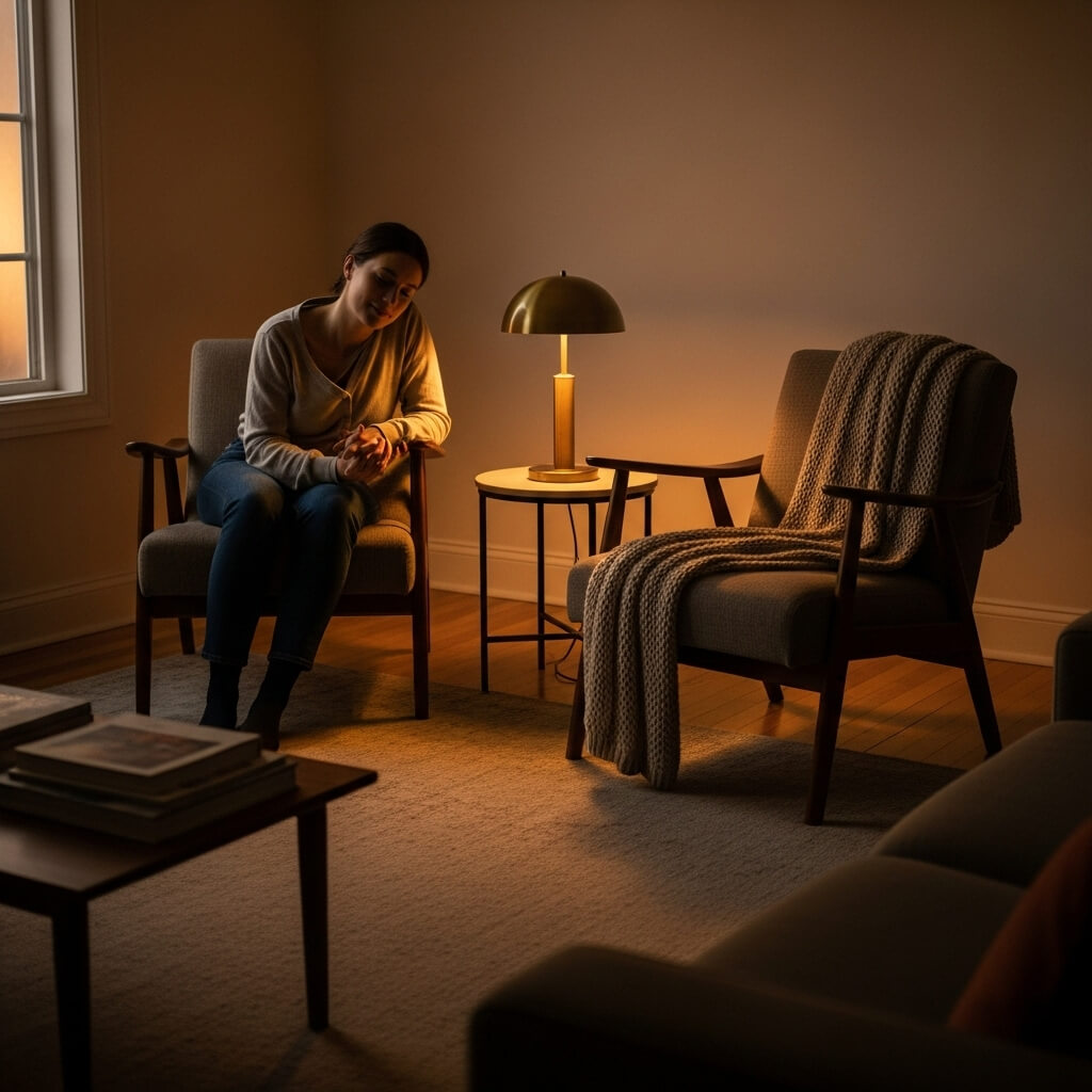 Wanita yang duduk di kursi dalam ruangan remang-remang dengan lampu meja dan selimut rajutan di kursi lainnya