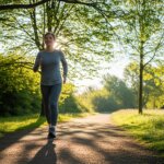 Woman jogging on a sunlit tree-lined path in a park wearing gray athletic wear and running shoes