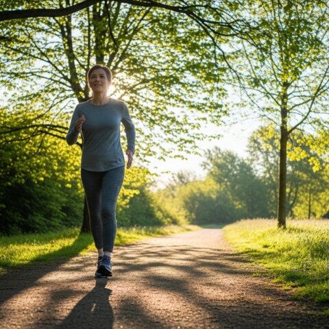 Woman jogging on a sunlit tree-lined path in a park wearing gray athletic wear and running shoes