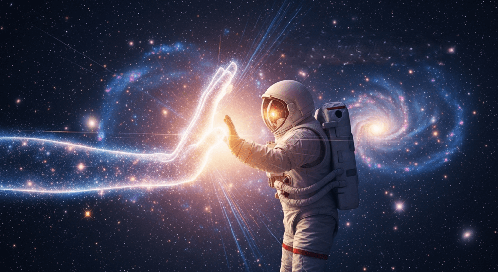 Astronaut reaching out to touch a glowing cosmic hand in a star-filled galaxy background.