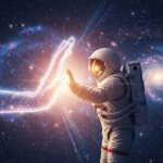 Astronaut reaching out to touch a glowing cosmic hand in a star-filled galaxy background.