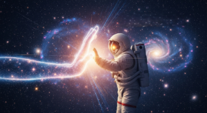Astronaut reaching out to touch a glowing cosmic hand in a star-filled galaxy background.
