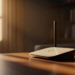 Wi-Fi router with two antennas on a wooden table in a sunlit room