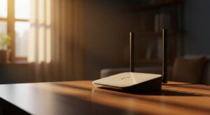 Wi-Fi router with two antennas on a wooden table in a sunlit room
