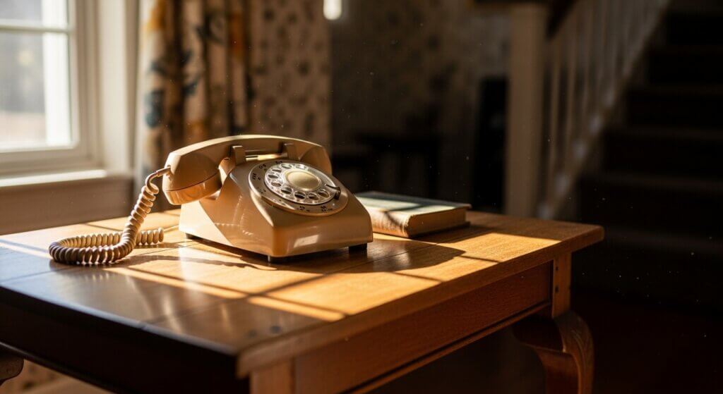 Beige rotary dial telephone on a wooden table next to a closed book in sunlight near a window.