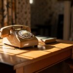 Beige rotary dial telephone on a wooden table next to a closed book in sunlight near a window.