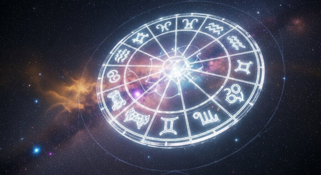 Glowing zodiac wheel with astrological signs against a starry cosmic background