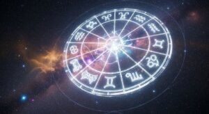 Glowing zodiac wheel with astrological signs against a starry cosmic background