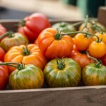 Wooden crate filled with various heirloom tomatoes in red, orange, and green-striped colors.