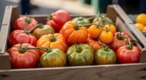 Wooden crate filled with various heirloom tomatoes in red, orange, and green-striped colors.