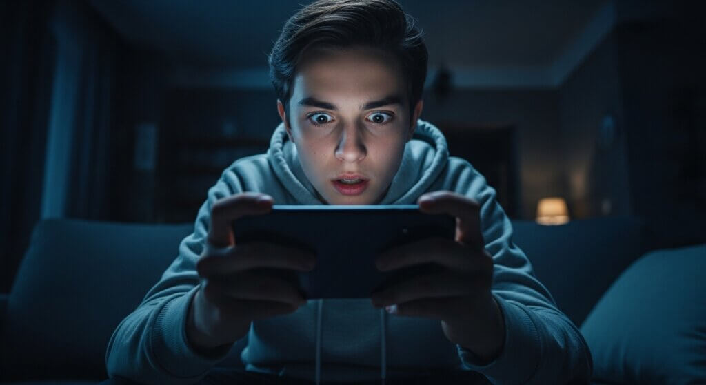 Teen boy in gray hoodie intensely playing a game on a smartphone in a dimly lit room at night