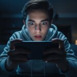 Teen boy in gray hoodie intensely playing a game on a smartphone in a dimly lit room at night