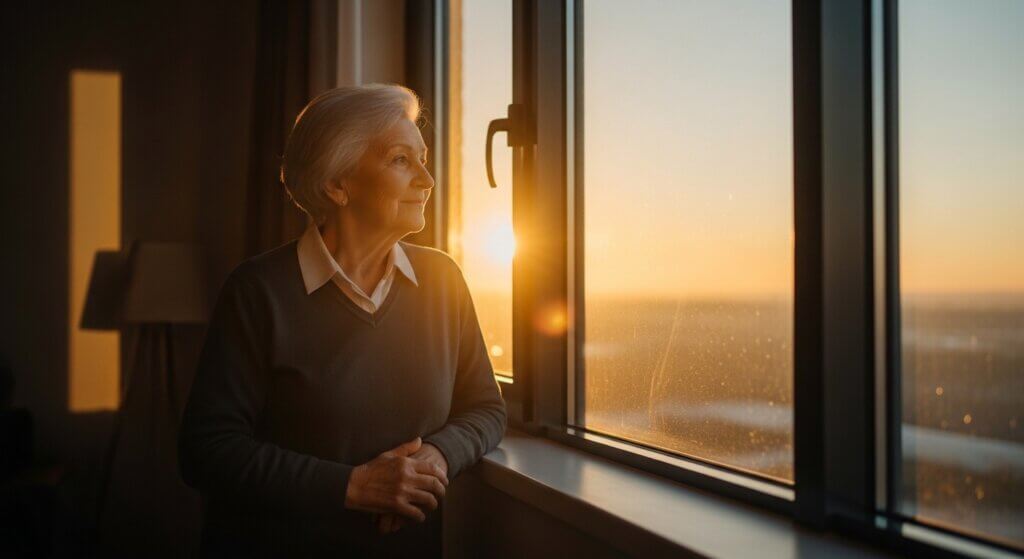 Elderly woman in a dark sweater looking out a window at sunset with sunlight illuminating her face.