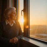 Elderly woman in a dark sweater looking out a window at sunset with sunlight illuminating her face.
