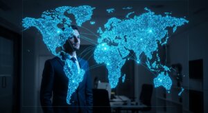Businessman in suit standing behind a digital world map with glowing network connection points and lines