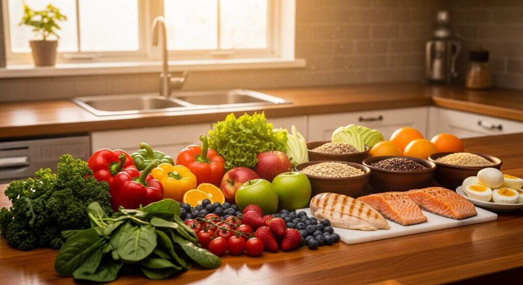Variety of fresh vegetables, fruits, grains, grilled chicken, salmon, and boiled eggs on a kitchen counter.