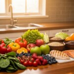 Variety of fresh vegetables, fruits, grains, grilled chicken, salmon, and boiled eggs on a kitchen counter.