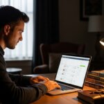 Man working on a laptop at a desk with a stack of books and a desk lamp in a dimly lit room.