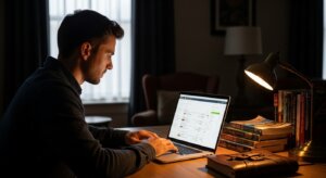 Man working on a laptop at a desk with a stack of books and a desk lamp in a dimly lit room.