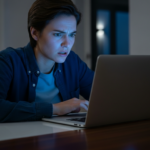 Young person in a blue shirt looking surprised while using a laptop at night indoors