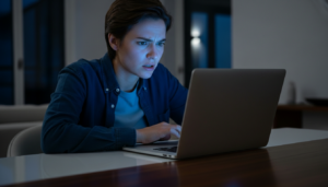 Young person in a blue shirt looking surprised while using a laptop at night indoors