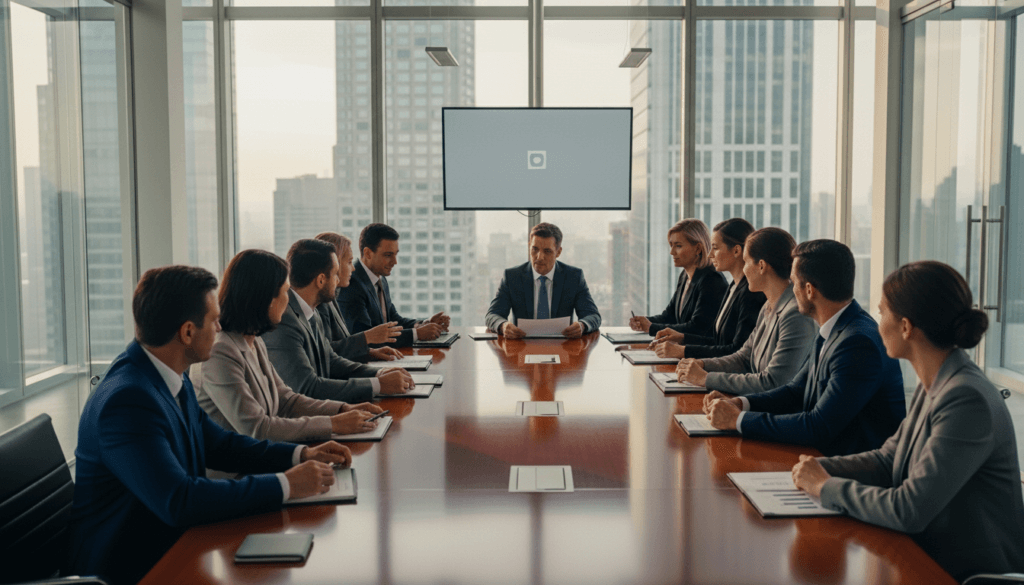 Business professionals in suits attending a meeting around a conference table in a high-rise office.