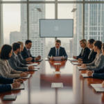 Business professionals in suits attending a meeting around a conference table in a high-rise office.