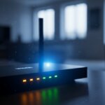 Wi-Fi router with glowing status lights on a wooden table in a dimly lit room