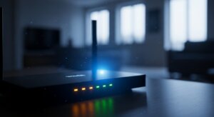 Wi-Fi router with glowing status lights on a wooden table in a dimly lit room