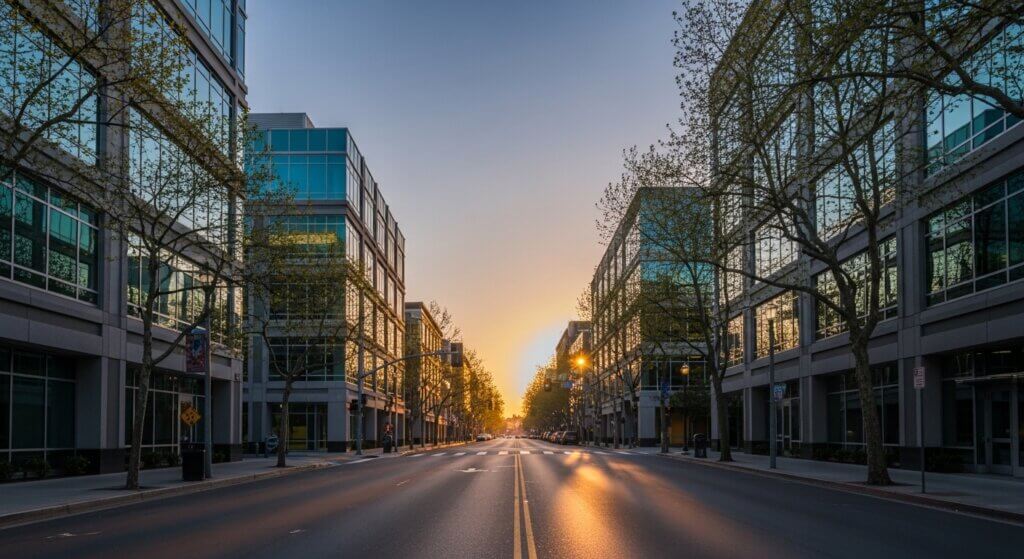 Empty city street at sunset with modern glass office buildings and trees lining both sides.