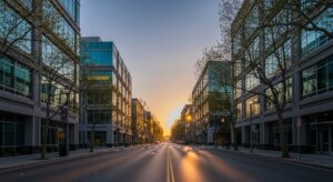 Empty city street at sunset with modern glass office buildings and trees lining both sides.