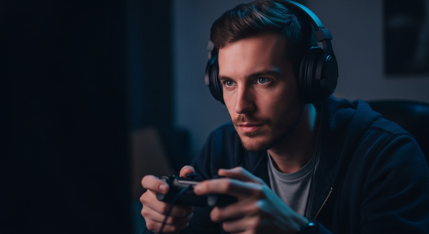 Young man wearing headphones intensely playing video games with a controller in a dimly lit room