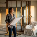 Woman in plaid shirt holding blueprints inside a partially renovated room with exposed studs and covered furniture