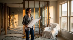 Woman in plaid shirt holding blueprints inside a partially renovated room with exposed studs and covered furniture