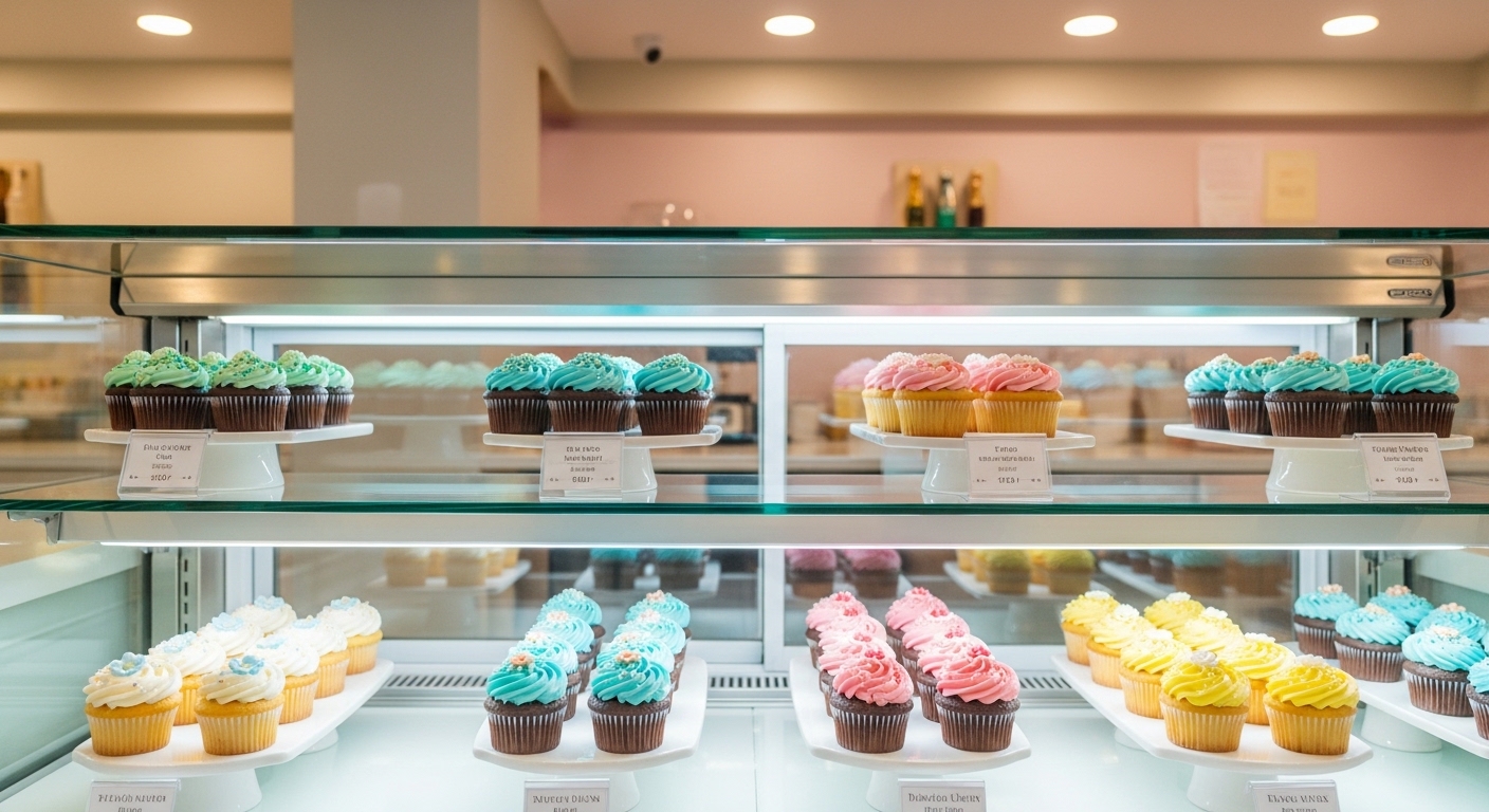 Display case with assorted cupcakes in blue, pink, yellow, and white frosting at a bakery.
