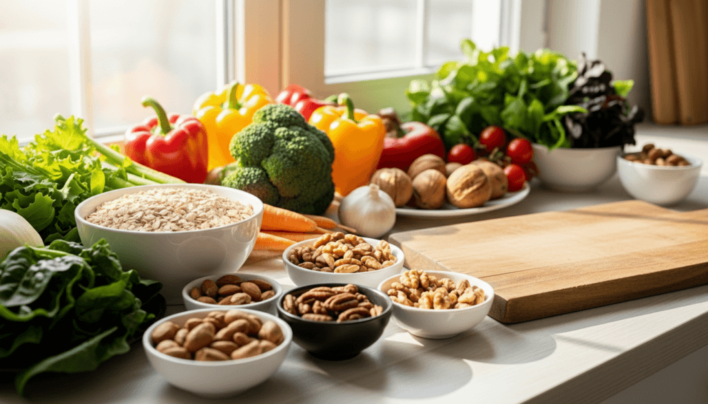 Bowls of nuts, oats, and fresh vegetables including bell peppers, broccoli, carrots, and leafy greens near a wooden cutting board.