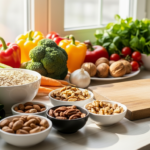 Bowls of nuts, oats, and fresh vegetables including bell peppers, broccoli, carrots, and leafy greens near a wooden cutting board.