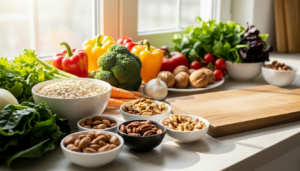 Bowls of nuts, oats, and fresh vegetables including bell peppers, broccoli, carrots, and leafy greens near a wooden cutting board.