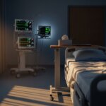 Empty hospital room with a bed, bedside table, and medical monitors displaying vital signs at sunset.