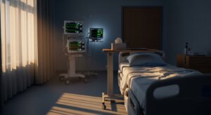 Empty hospital room with a bed, bedside table, and medical monitors displaying vital signs at sunset.