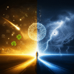 Silhouetted person standing at a split path with glowing zodiac symbols and clovers on a golden side and lightning storm on a blue side.