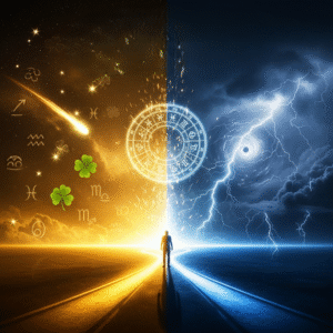 Silhouetted person standing at a split path with glowing zodiac symbols and clovers on a golden side and lightning storm on a blue side.