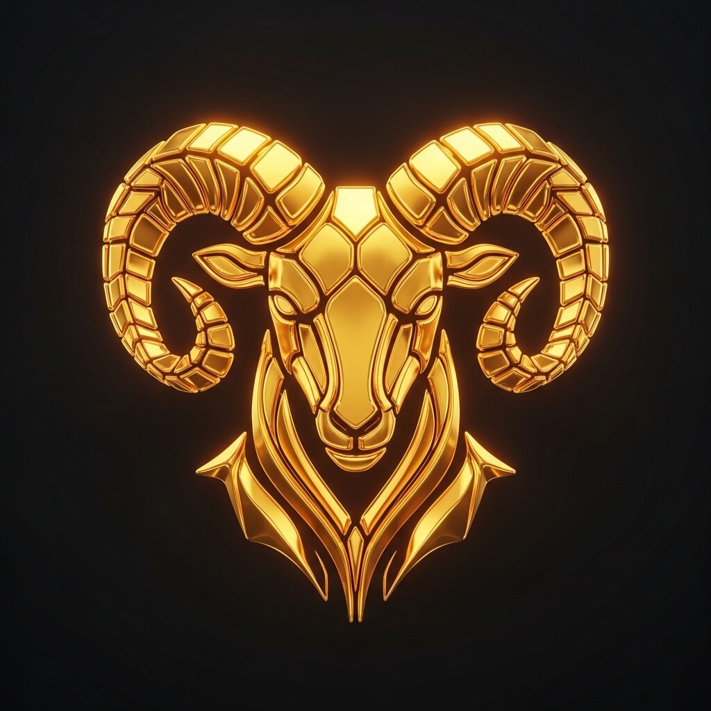 Golden stylized ram head with curved segmented horns on a black background.