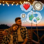 Couple in matching plaid shirts sitting on a swing at sunset with thought bubbles of a heart, clock, and puzzle pieces.