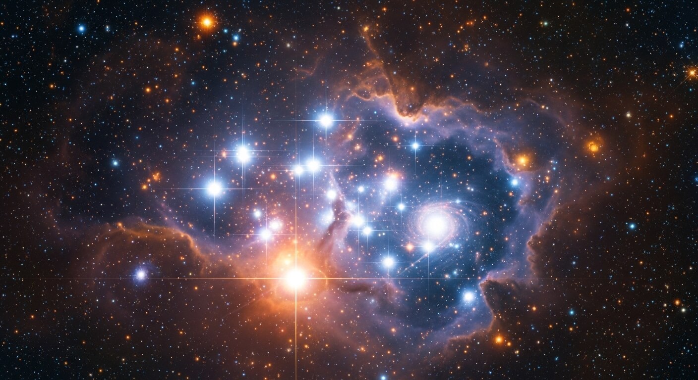 Bright stars and a glowing nebula with a spiral galaxy in a colorful deep space scene