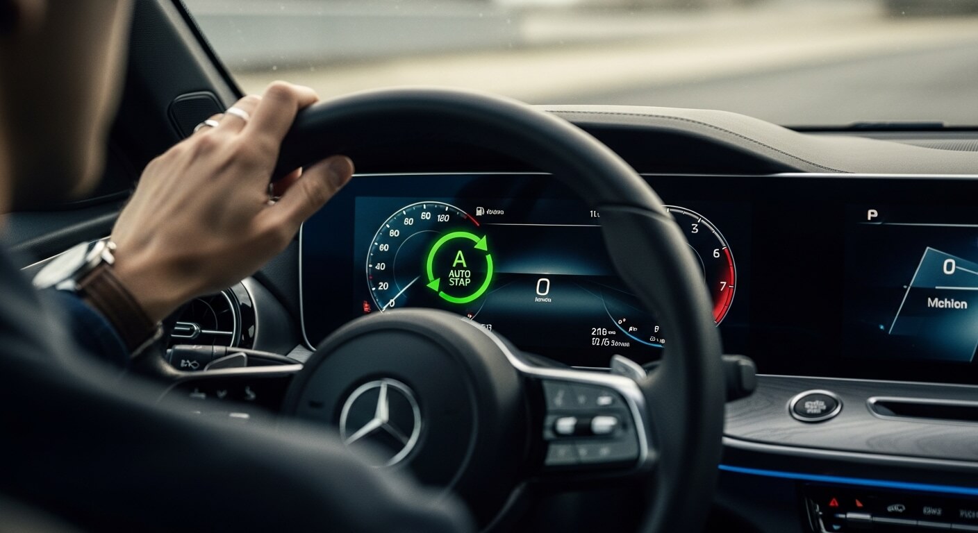 Person driving a Mercedes-Benz with digital dashboard showing auto stop feature active and speedometer at zero.