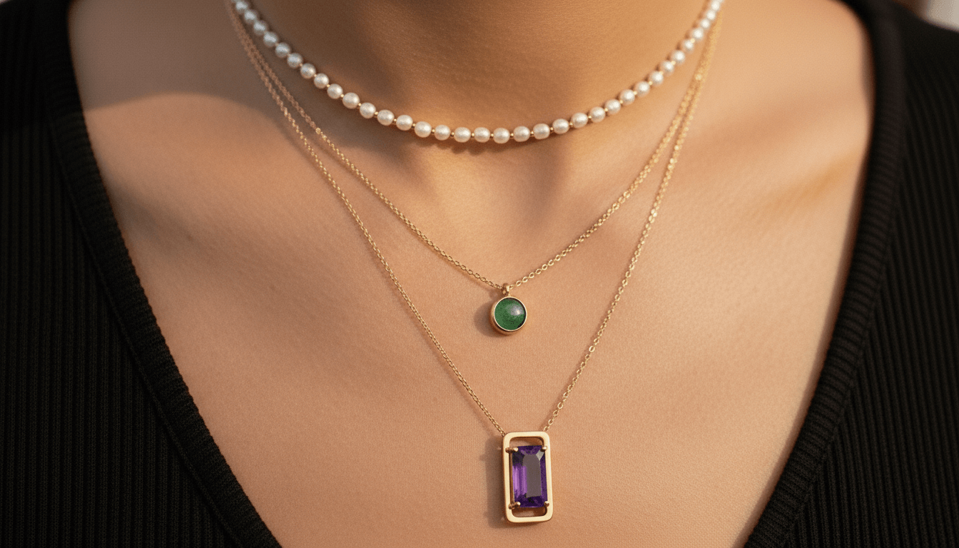 Tampilan jarak dekat dari seseorang yang mengenakan kalung berlapis: kalung mutiara, rantai emas dengan liontin hijau, dan rantai emas dengan liontin batu permata persegi panjang berwarna ungu.