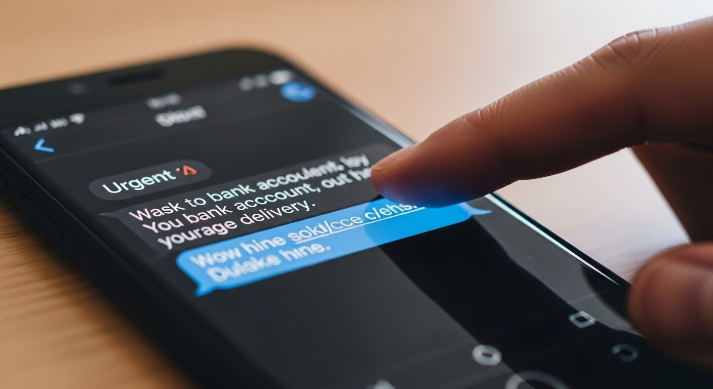 Finger pointing at a smartphone screen showing a suspicious urgent text message about a bank account.