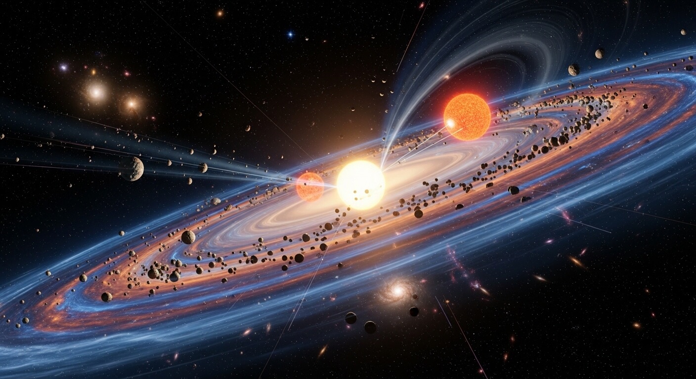 Artist's illustration of a binary star system with rings of asteroids and debris in space