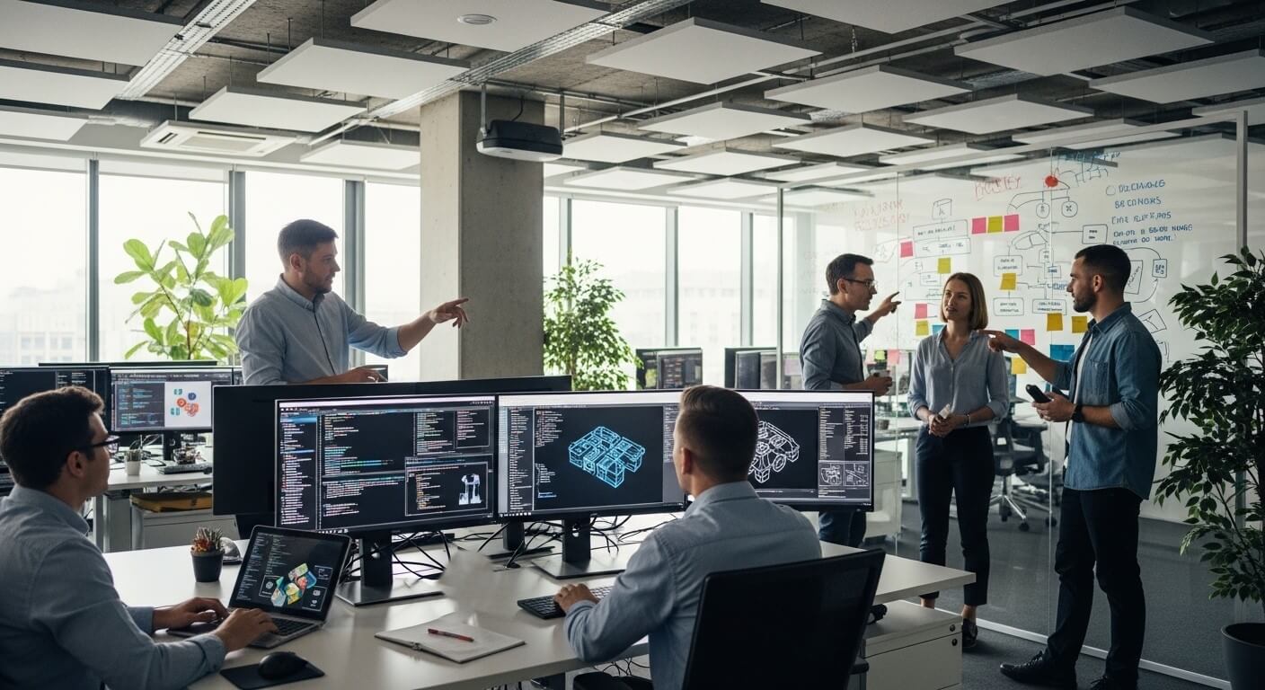 Team of software developers collaborating on coding and 3D design in a modern office with glass whiteboard brainstorming session